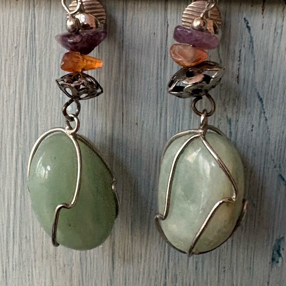 Silver and Green Stone Dangle Earrings - Picture 2 of 8